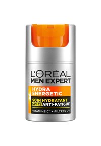 Hydratant L'Oréal Men Expert Hydra Energetic dans un conteneur cylindrique argenté avec un couvercle orange à pression, étiqueté SPF 15, anti-fatigue.
