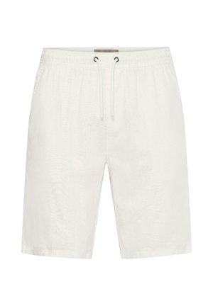 Pantalones cortos blancos hasta la rodilla con cinturilla elástica y cordón delantero, confeccionados con tela ligera.