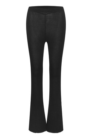 Pantaloni a campana neri a coste con vita aderente, realizzati in un materiale morbido e elasticizzato. Presentano strisce verticali e una texture liscia.