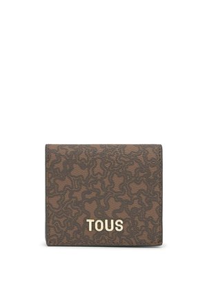 Portafoglio marrone con motivo astratto nero e logo TOUS dorato centrato sulla parte anteriore.