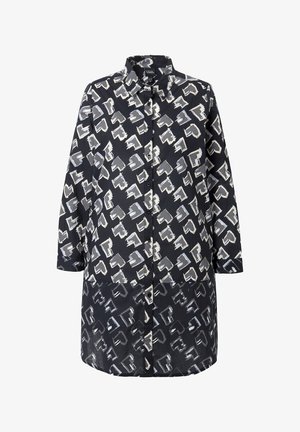 Schwarze Button-up-Hemd mit abstrakten weißen und grauen Mustern, langen Ärmeln und einem Kragen, aus leichtem Stoff gefertigt.