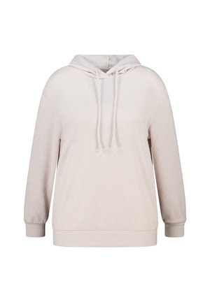 Haut à capuche beige clair avec texture côtelée, cordon de serrage dans la capuche, coupe décontractée et manches longues, avec un ourlet droit.