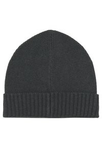 Berretto lavorato a maglia grigio scuro con fascetta a costine, texture liscia e cuciture verticali, progettato per calore e comfort.