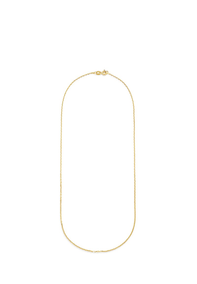 Gold chain necklace with a delicate, thin design and smooth texture. Features a classic lobster clasp for secure fastening.