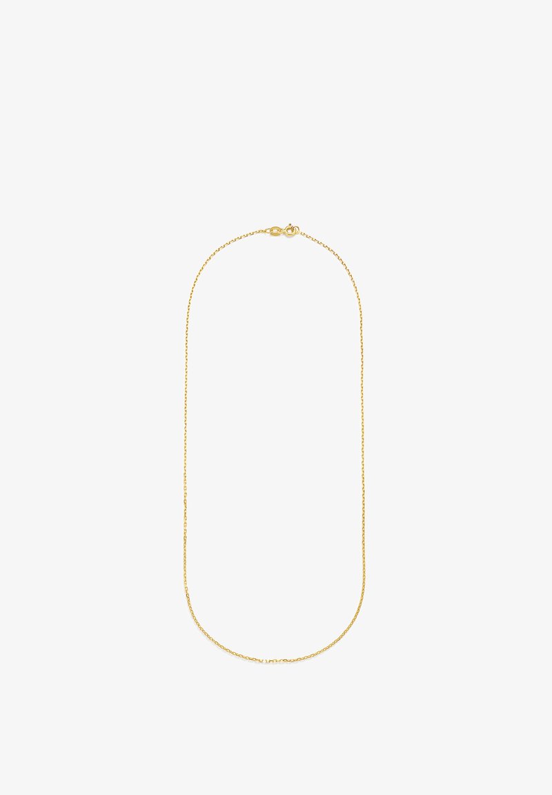 Gold chain necklace with a delicate, thin design and smooth texture. Features a classic lobster clasp for secure fastening.