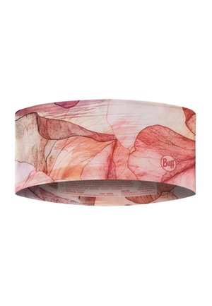 Diadema de tela elástica con patrones abstractos de hojas en rosa y rojo y un pequeño logo circular que dice "Buff" en un lado.