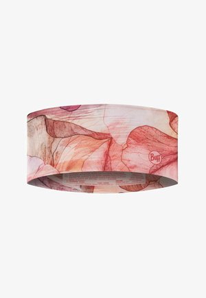 Diadema de tela elástica con patrones abstractos de hojas en rosa y rojo y un pequeño logo circular que dice "Buff" en un lado.