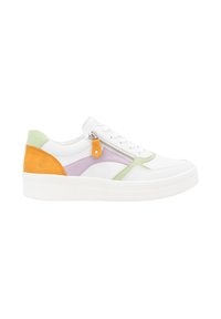 Sneaker bianco con dettagli colorati in arancione, verde e lavanda. Presenta una chiusura con zip, una superficie texturizzata e una suola spessa bianca.