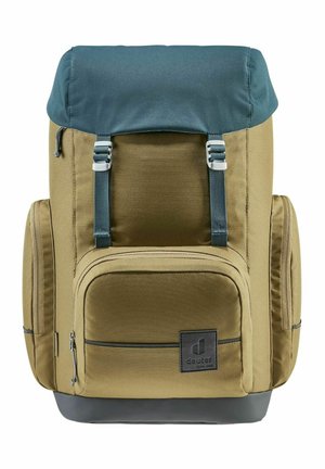 Sac à dos kaki avec un dessus bleu, comportant des bretelles réglables, une poche avant et un dessous en caoutchouc. Tissu durable avec une texture lisse.
