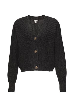 Zwarte gebreide cardigan met een V-hals, cropped lengte en drie bruine knopen. Geweven stof en lange mouwen.