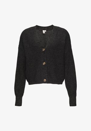 Zwarte gebreide cardigan met een V-hals, cropped lengte en drie bruine knopen. Geweven stof en lange mouwen.