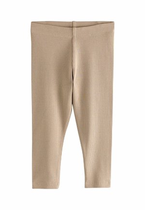 Beige ribbed leggings with a soft texture, featuring an elastic waistband and a close-fit design, cut to ankle length.