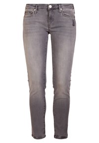 Grå denim slim-fit jeans med en urtvättad finish. Funktioner inkluderar fem fickor, silverdetaljer och subtila slitningar på framsidan.