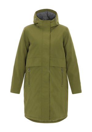 Palton lung de culoare verde măslinie, cu glugă, buzunare cu fermoar și croială dreaptă. Material neted cu un design minimalist și căptușeală gri.
