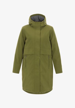 Manteau long vert olive avec capuche, poches zippées et coupe droite. Tissu lisse avec un design minimaliste et doublure grise.