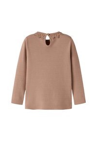 Pitkähihaisen neulepuseron pehmeä beige neuloskangas, jossa on virkattu pitsikaulus, takana avonainen lenkki ja puinen nappiyksityiskohta.