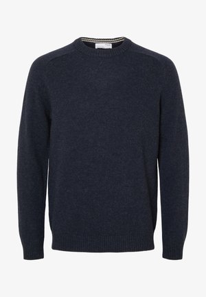 Mørkeblå strikket sweater med rund halsudskæring, ribbede manchetter og kant. Har en blød struktur og et minimalistisk design.