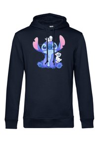 Felpa con cappuccio blu navy con una grafica frontale di un personaggio dei cartoni animati e due piccole figure. Presenta un cappuccio con cordino e tasca a marsupio.