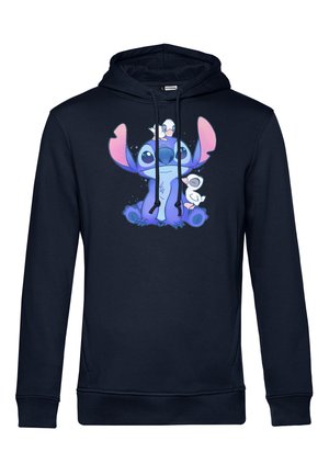 Marineblauwe hoodie met een voorzijde graphic van een cartoonfiguur en twee kleine figuren. Voorzien van een trekkoord capuchon en een buidelzak.
