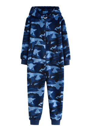 Combinaison en polaire camouflage bleu et noir avec capuche, fermeture éclair frontale, manches longues, poche kangourou et poignets côtelés aux poignets et aux chevilles.