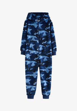 Combinaison en polaire camouflage bleu et noir avec capuche, fermeture éclair frontale, manches longues, poche kangourou et poignets côtelés aux poignets et aux chevilles.