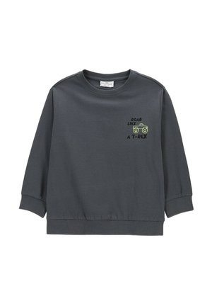 Ciemnoszara bluza dla malucha z długim rękawem, ściągaczami na mankietach i u dołu, z małym żółtym monster truckiem i napisem „ROAR LIKE A T-REX” na piersi.