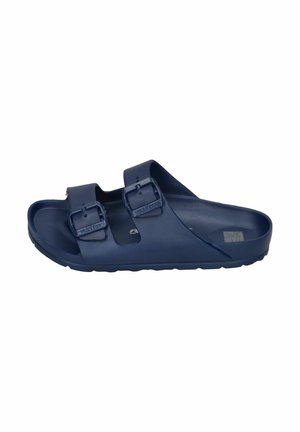 Navy blue slide sandal made of textured rubber, featuring two adjustable straps with buckle closures for a secure fit.