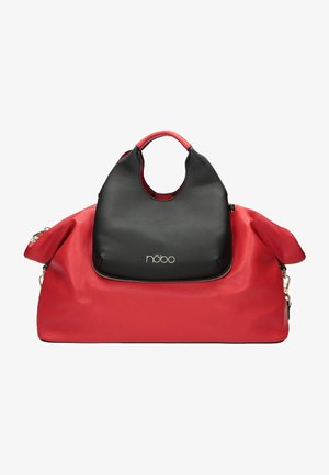 Sacs à main en cuir rouge et noir, un grand sac rouge sous un plus petit sac noir avec une anse ronde et un logo doré "nobo".