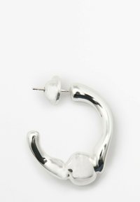 Silver hoop earring, curved design with smooth, shiny surface. Features a stud backing and a bulbous accent at one end.