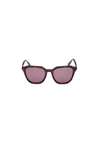 Occhiali da sole tartarugati con lenti rosa scuro. Design a montatura angolare e oversize con dettagli trasparenti sulle aste. Texture liscia.