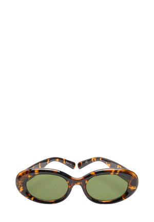 Okulary przeciwsłoneczne w oprawie w kolorze żółwia z zielonymi soczewkami, owalnym kształtem, grubymi oprawkami i błyszczącym wykończeniem. Unikalny wzór z ciemnymi i jasnobrązowymi akcentami.