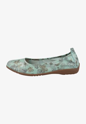Ballerines en tissu vert menthe avec un motif floral en marron et blanc. Bout rond, semelle intérieure rembourrée et semelle en caoutchouc brun flexible.