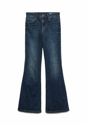 Tumši zilas flared džinsas no denima. Iekļauj piecas kabatas un rāvējslēdzēja aizdari ar pogu. Nedaudz nodilusi tekstūra ap kabatām.