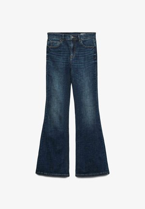 Tumši zilas flared džinsas no denima. Iekļauj piecas kabatas un rāvējslēdzēja aizdari ar pogu. Nedaudz nodilusi tekstūra ap kabatām.