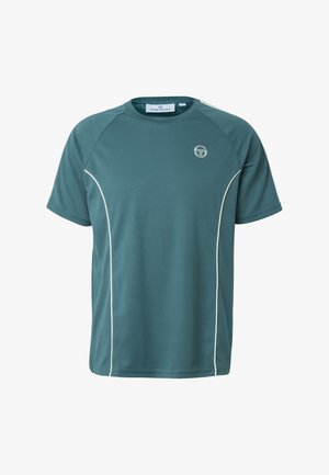 Športové tričko s krátkym rukávom a okrúhlym výstrihom v tyrkysovej farbe s bielym lemovaním pozdĺž bokov a malým bielym logom na ľavej strane hrudníka.