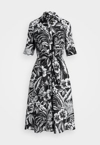 Svartvitt blommigt klänning med korta ärmar, knytmidja, knappframsida och en knälång kjol med tropiska blad- och blommönster.