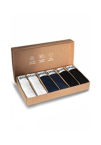 Scatola regalo contenente sei paia di calze in bianco, blu navy e nero, con fasce elastiche recanti il nome del marchio; confezione in cartone ecologico.