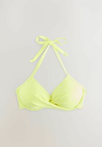 Neon-gelbe Bikini-Oberteil mit dreieckigen Cups, gedrehter Frontgestaltung und dünnen verstellbaren Trägern, die am Hals und im Rücken gebunden sind. Glatte Textur.