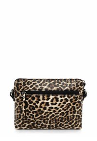 Borsa a tracolla con stampa leopardata realizzata in tessuto texturizzato, dotata di chiusura con cerniera, tracolla regolabile e una tasca frontale con cerniera.