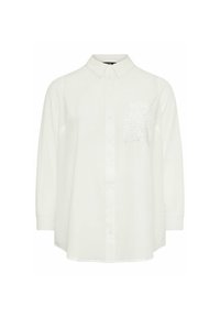 Camicia bianca con colletto, maniche lunghe e una tasca decorativa con un gradiente di piccole borchie. Tessuto dalla superficie liscia.