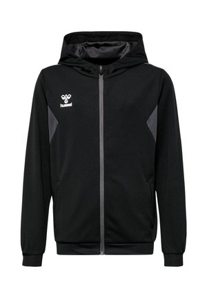 Czarna bluza z kapturem na zamek, szare boczne panele, kaptur, długie rękawy i biały logo hummel na lewej piersi.