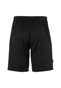 Zwarte sportshorts met een elastische tailleband, gemaakt van soepel stof. Bevat een klein groen label aan de linkerkant. Geen patronen.