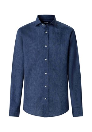 Camicia da uomo a maniche lunghe di colore blu scuro con colletto a punta e bottoni bianchi, mostrata su sfondo bianco.