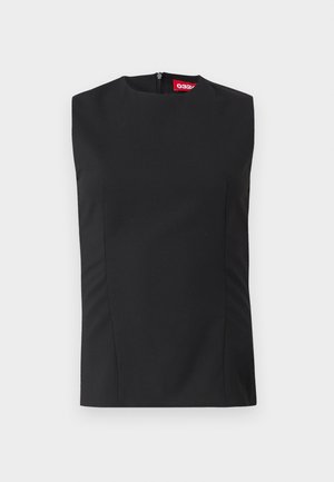 Czarny bezrękawnik z wysokim dekoltem, przednimi zaszewkami i niewidocznym zamek błyskawicznym z tyłu. Wykonany z gładkiego materiału o dobrze dopasowanym kroju.