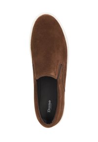 Brown suede slip-on shoe with a white rubber sole, featuring elastic side panels and a black interior lining with branding.