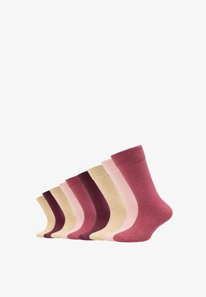 Set aus acht Socken in verschiedenen Rosatönen und Burgunder. Weiches Nickerchen-Gewebe, mittlere Wadenlänge, mit geripptem Bündchen.