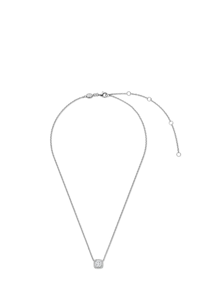 Silberne Halskette mit einer zarten Kette und einem quadratischen Anhänger, der einen zentralen Stein hat, umgeben von kleineren Steinen, die einen dezenten Glanz verleihen.