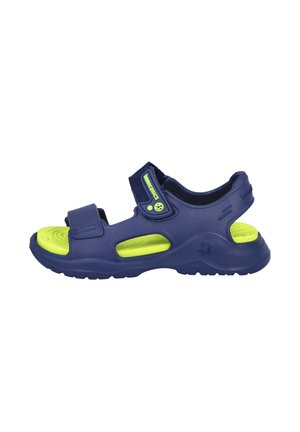Sandalias azul marino con acentos amarillos, hechas de material sintético, con correas ajustables y una suela texturizada para mayor agarre.
