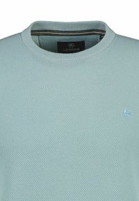 Light blue knit sweater with a textured weave, round neck, and contrasting striped detail on the internal collar. Small logo on the chest.