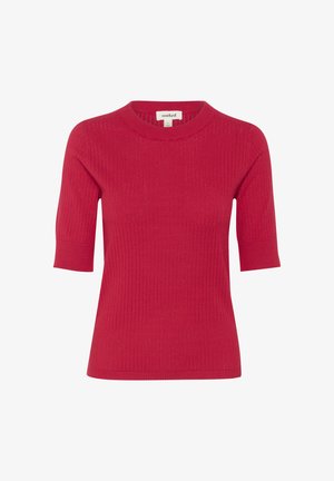 Rdeča rebrasta pletenina s krožnim izrezom in kratkimi rokavi. Mehka tekstura, oprijet dizajn. Etiketa nosi napis "soaked."